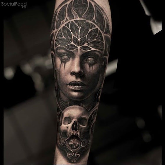 Stippling style black ink forearm tattoo of creepy woman with skull