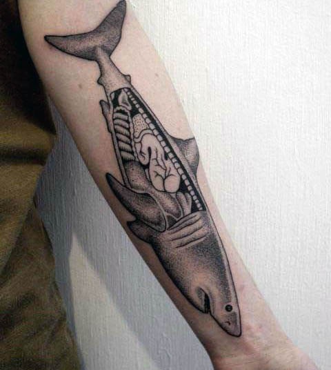 Stippling style black ink forearm tattoo of big shark