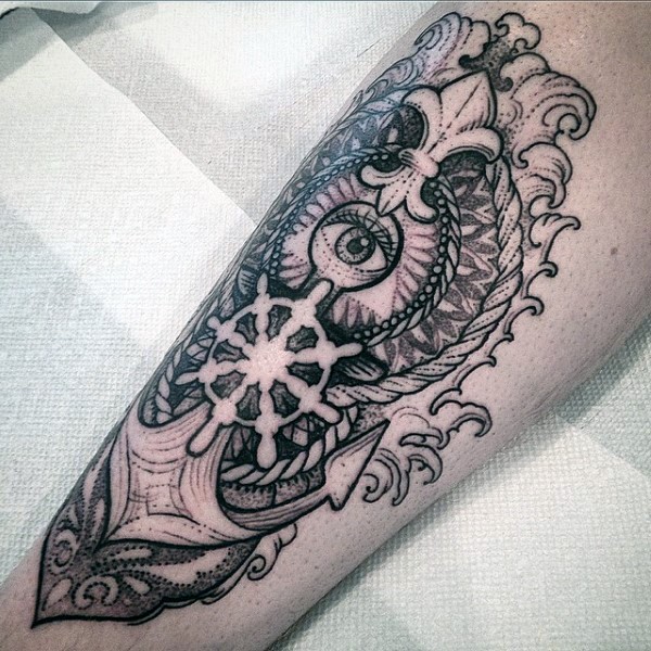 Stippling style black ink leg tattoo of big anchor with eye