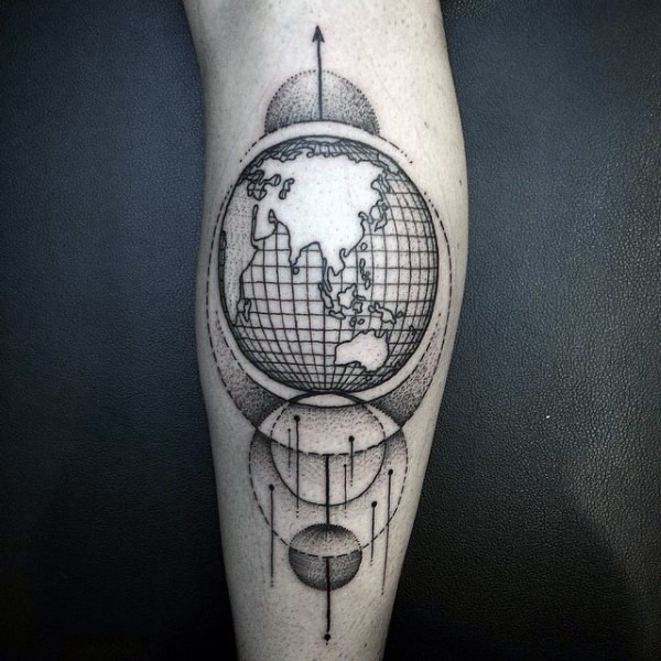 Stippling style black ink leg tattoo of globe with circles
