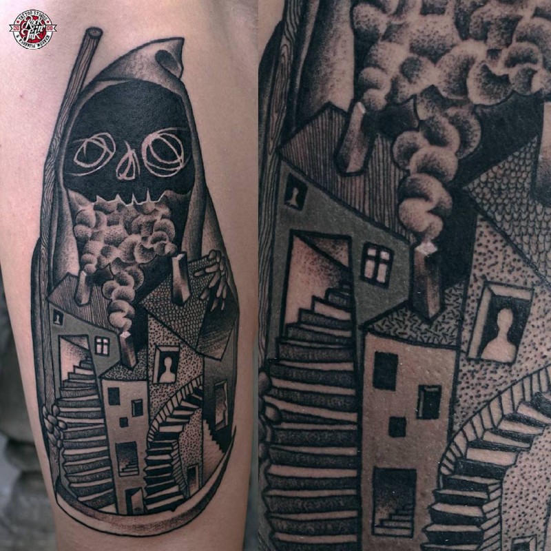 Stippling style black ink old house tattoo on leg