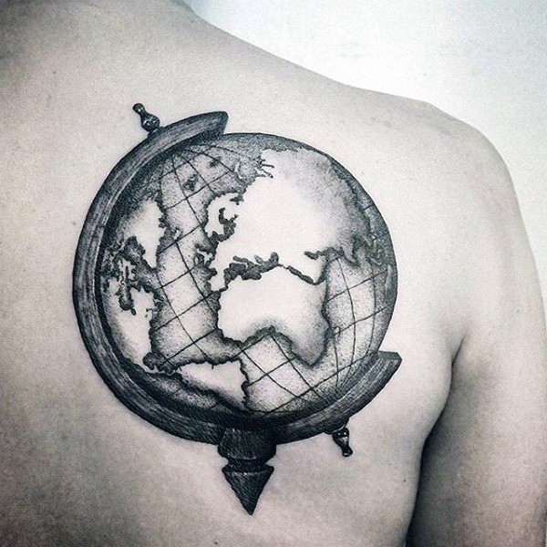 Stippling style black ink scapular tattoo of big globe
