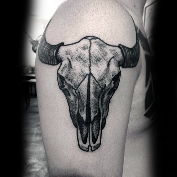 Stippling style black ink shoulder tattoo of goat skull