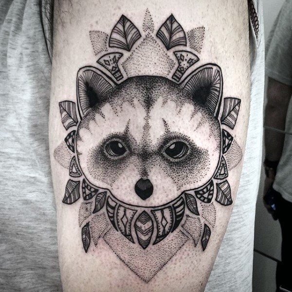Stippling style black ink shoulder tattoo of raccoon with ornaments