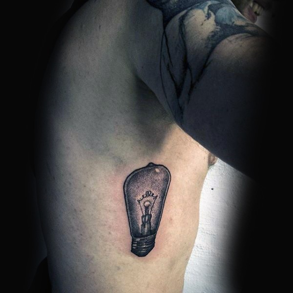 Stippling style black ink side tattoo of realistic bulb