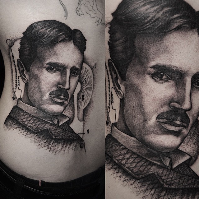 Stippling style black ink side tattoo of Nikola Tesla