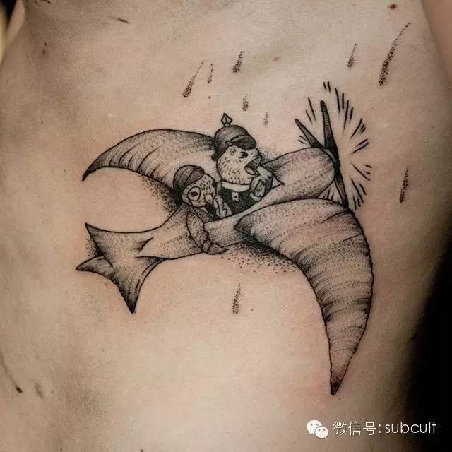 Stippling style black ink side tattoo of flying fantasy plane with mouse