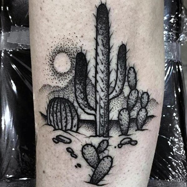 Stippling style black ink tattoo of cactus in desert with sun