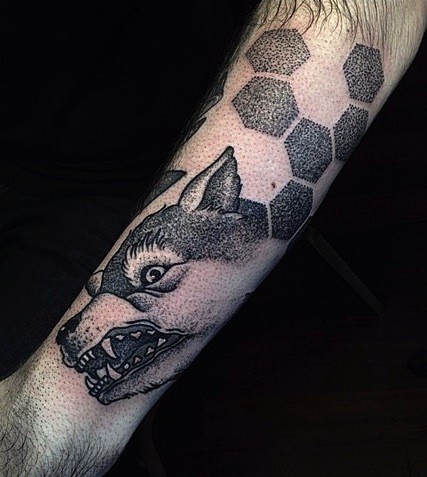 Stippling style black ink tattoo of evil wolf with ornaments
