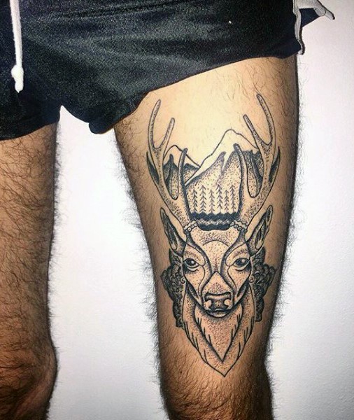 Stippling style black ink thigh tattoo of deer with mountains