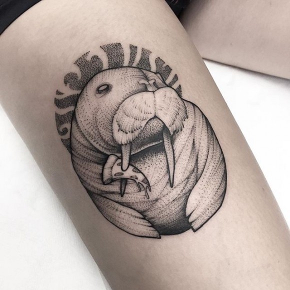 Stippling style black ink thigh tattoo of cool animal with pizza