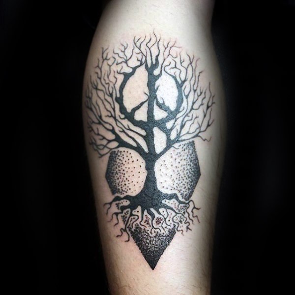 Stippling style black ink tree tattoo with geometric ornament