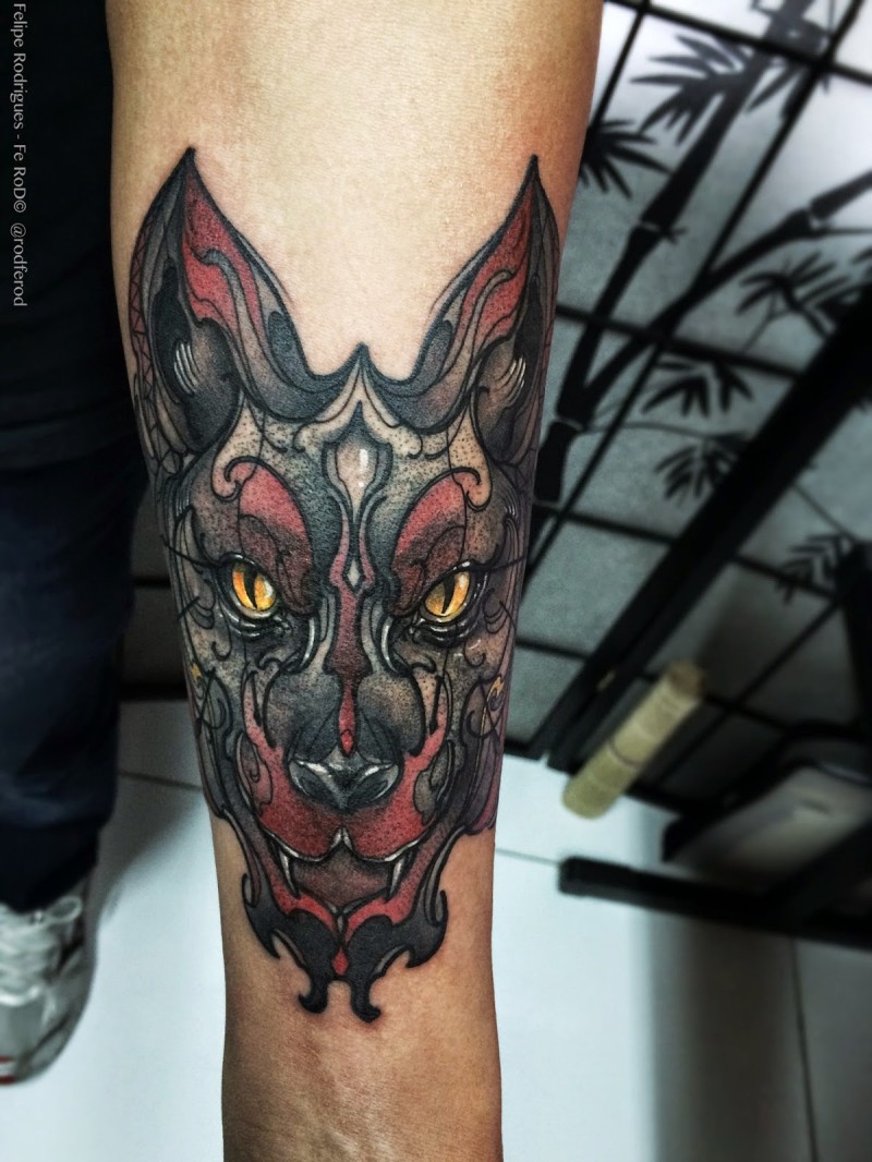 Stippling style colored arm tattoo of demonic wolf