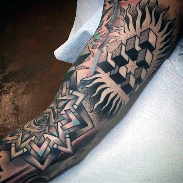 Stippling style colored arm tattoo of various geometric figures