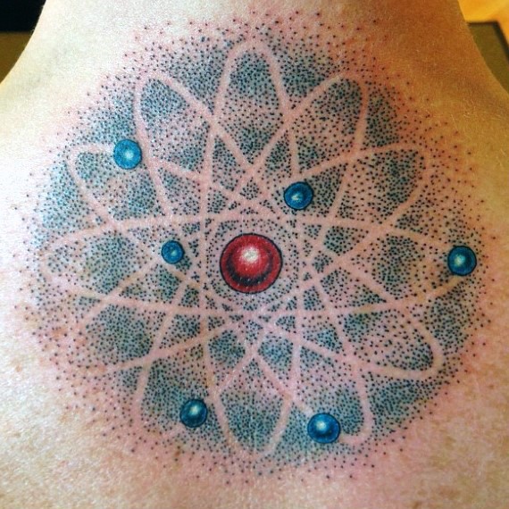 Stippling style colored back tattoo of big atom