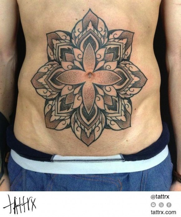 Stippling style colored belly tattoo of Hinduism flower
