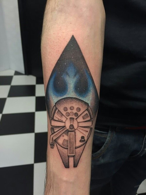 Stippling style colored forearm tattoo of Millennium Falcon