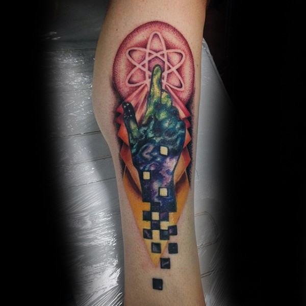 Stippling style colored leg tattoo of human hand with atom