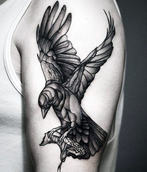 Stippling style colored shoulder tattoo of big cool crow