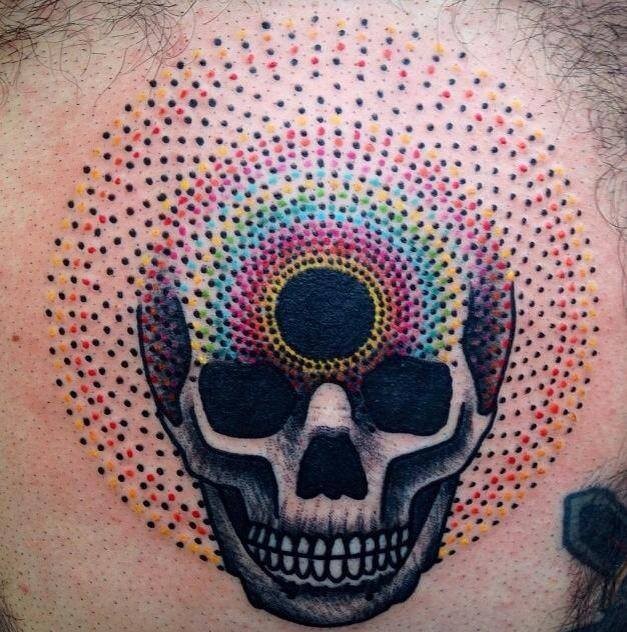 Stippling style colored tattoo of mystical skull with ornaments
