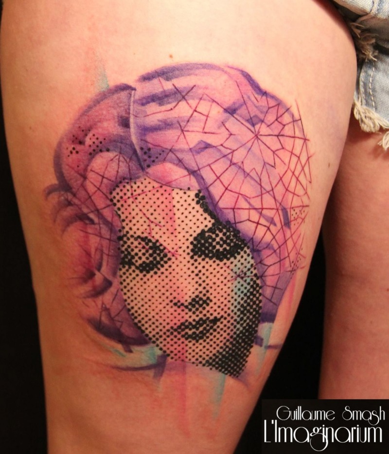 Stippling style colored thigh tattoo of woman portrait