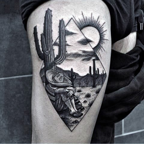 Stippling style incredible looking thigh tattoo of Mexican cowboy with cactus and sun