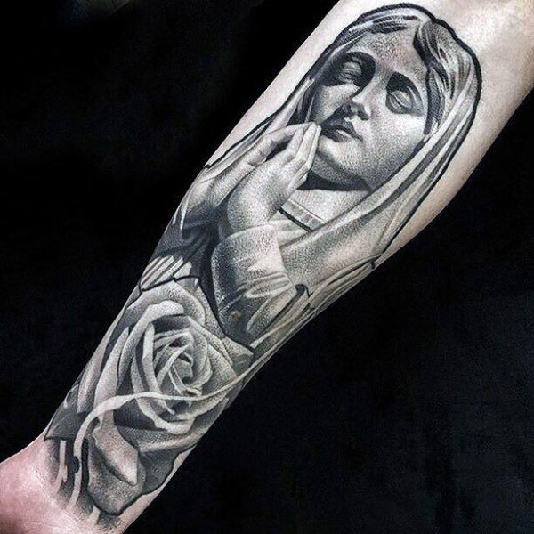 Stippling style interesting looking arm tattoo of praying woman