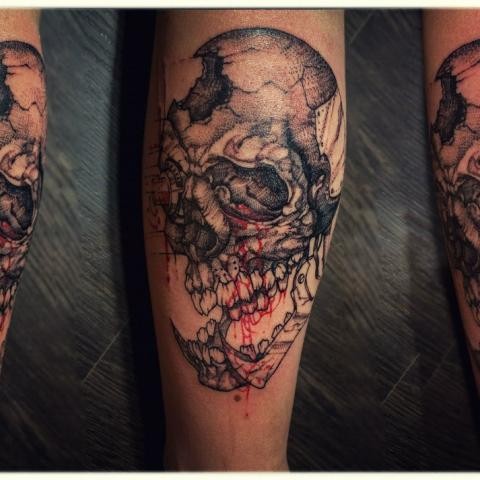 Stippling style very detailed tattoo of human skull