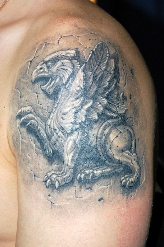 Stone griffin tattoo on arm