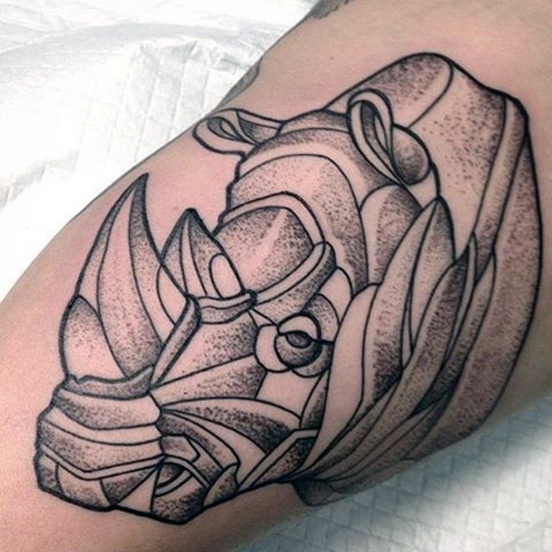 Stone like black ink arm tattoo of rhino head