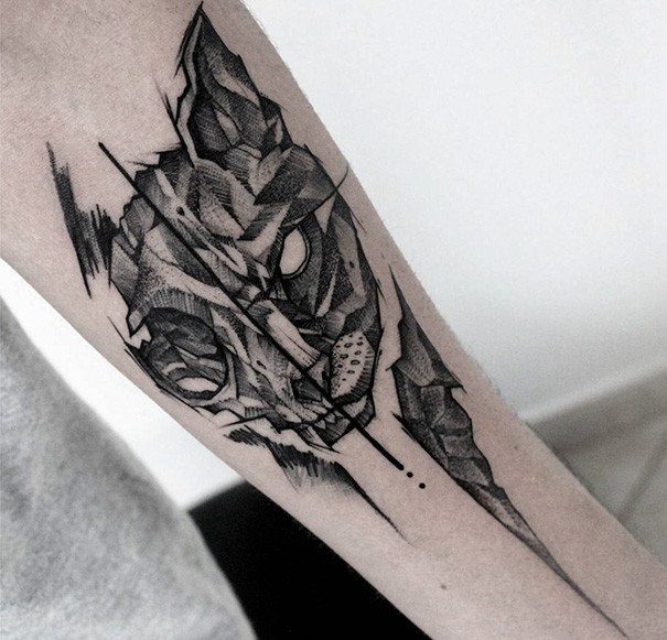 Pedra como tatuagem de braço de estilo de ponto do gato mau