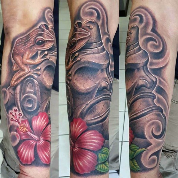 Stonework style big forearm tattoo of ancient statue and flower