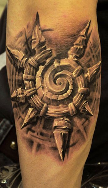 Stonework style black and white forearm tattoo of mystic symbol