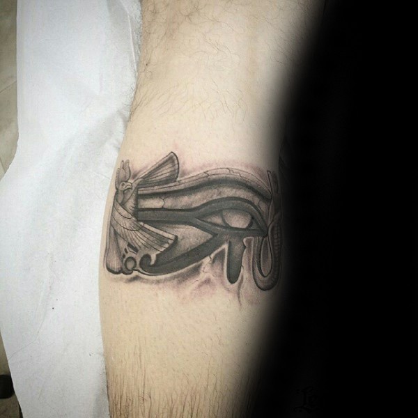 Stonework style black ink leg tattoo of Egypt symbols