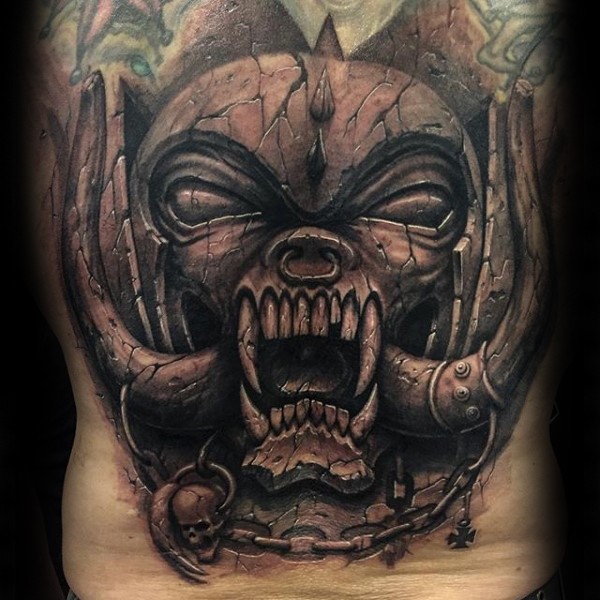 Stonework style colored back tattoo of ancient devils statue