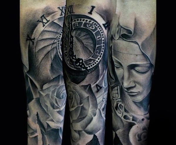 Stonework style colored forearm tattoo of woman with clock and rose