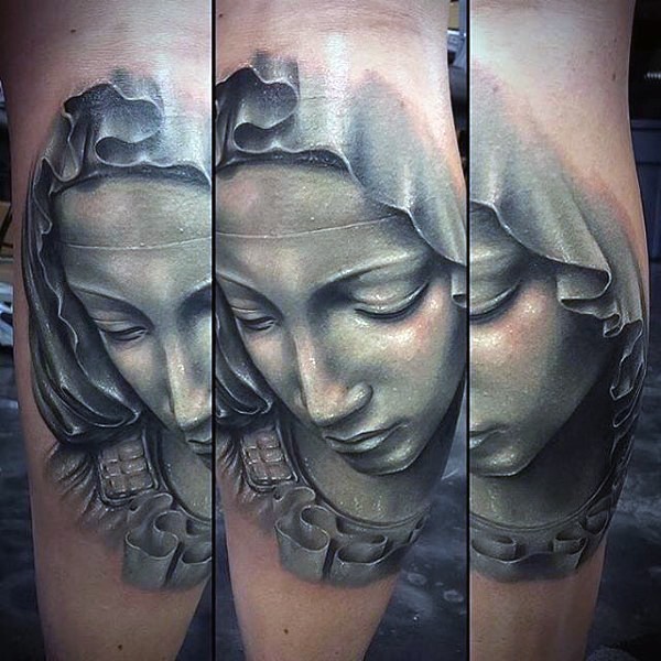 Stonework style colored leg tattoo of woman sad woman