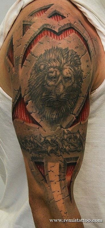 Stonework style colored shoulder tattoo stylized with lion