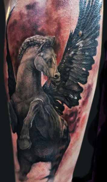 Stonework style colored tattoo of Pegasus horse statue