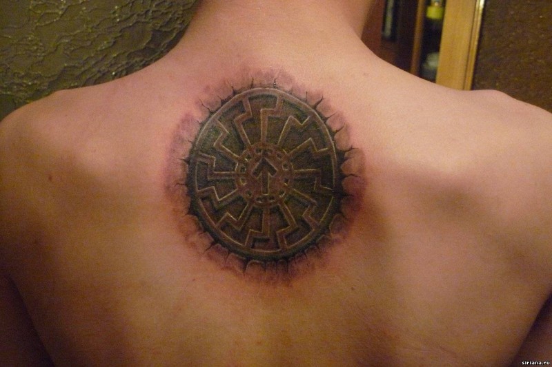 Stonework style colored upper back tattoo of ancient tablet