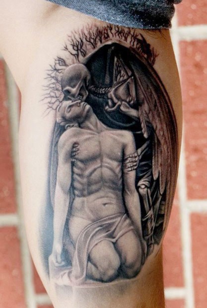 Stonework style detailed biceps tattoo of angel skeleton with human