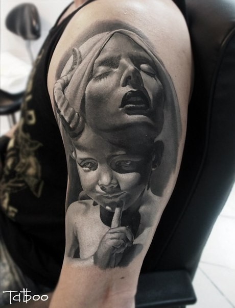 Stonework style detailed shoulder tattoo of devils kid and woman with hood