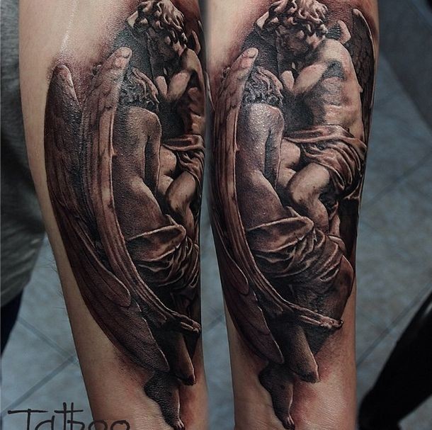 Stonework style very detailed arm tattoo of angels statues