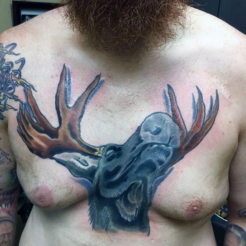 Strange colored chest tattoo of cartoon like elk