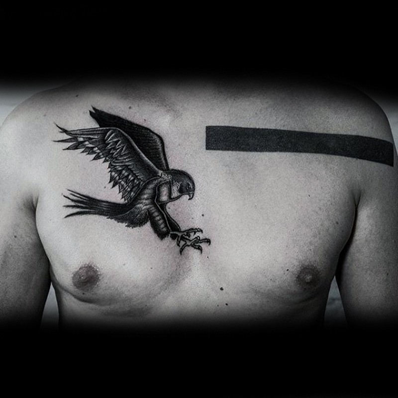 Strange combined black ink flying eagle tattoo on chest with simple black horizontal line