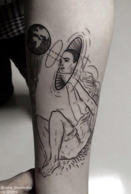 Strange looking black ink arm tattoo of mystical human picture