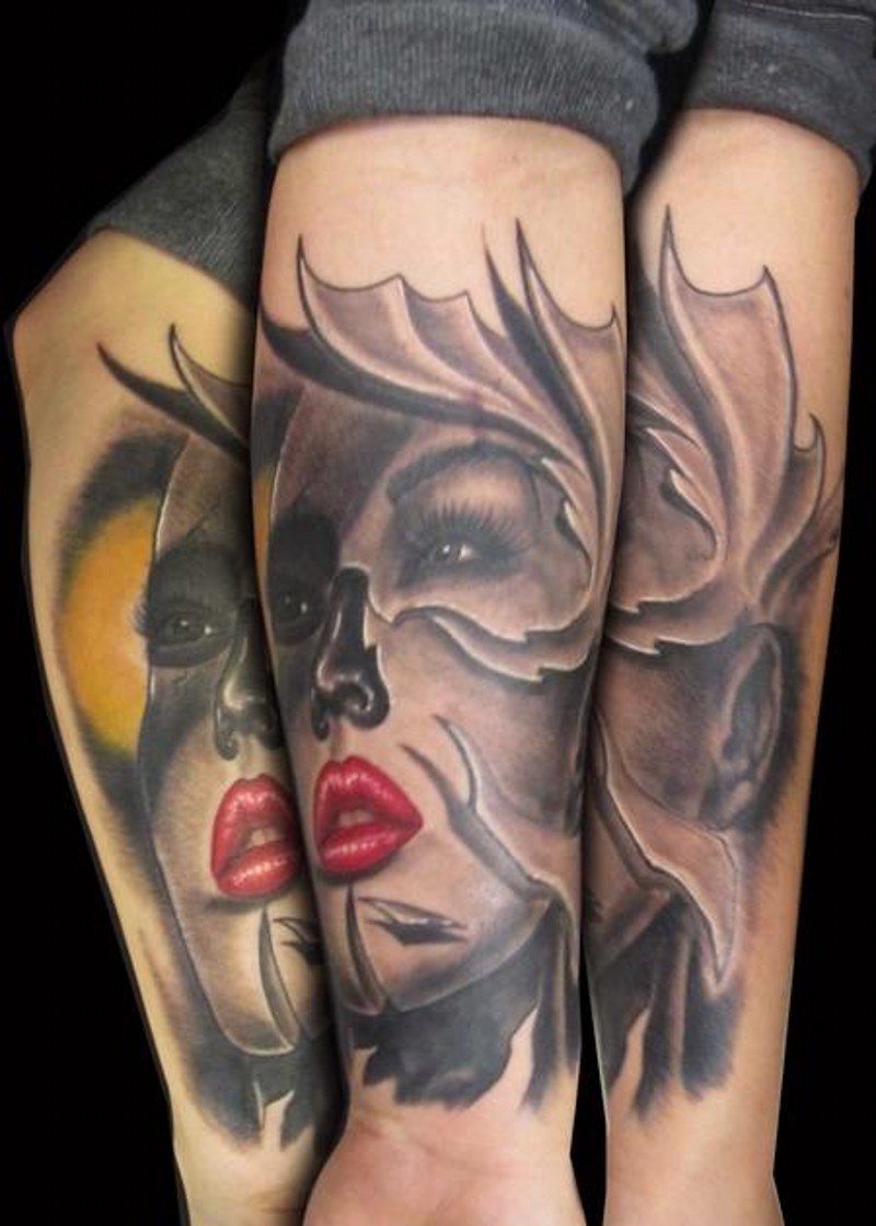 Strange looking colored forearm tattoo of mystic woman portrait