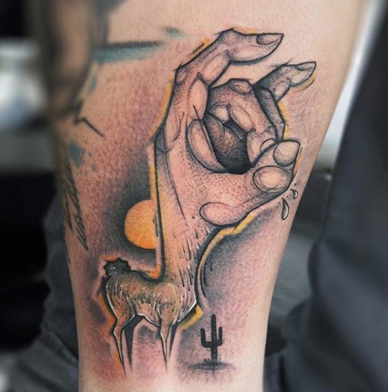 Strange looking colored tattoo of deer with human hand and cactus