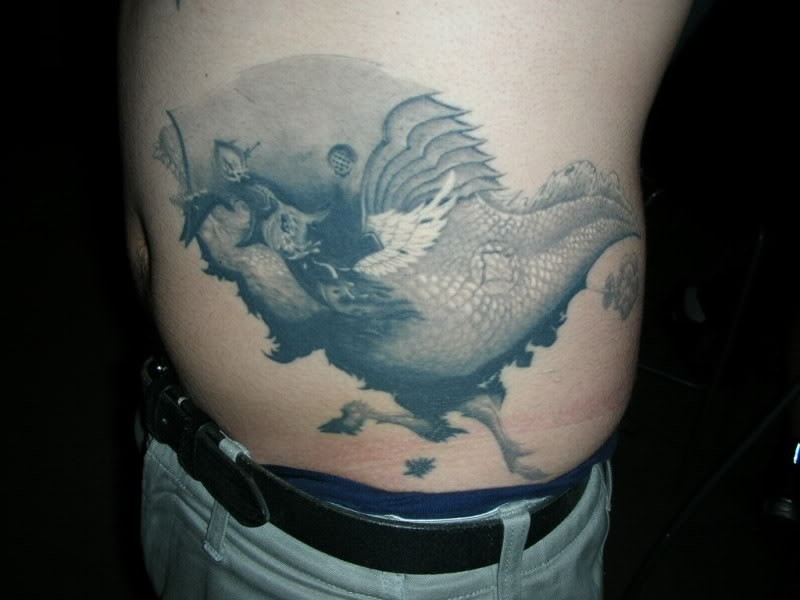 Strange looking very detailed side tattoo of mysterious picture