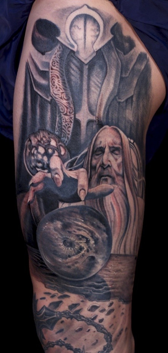 Stunning 3D like colored Lord of the Rings themed tattoo on shoulder